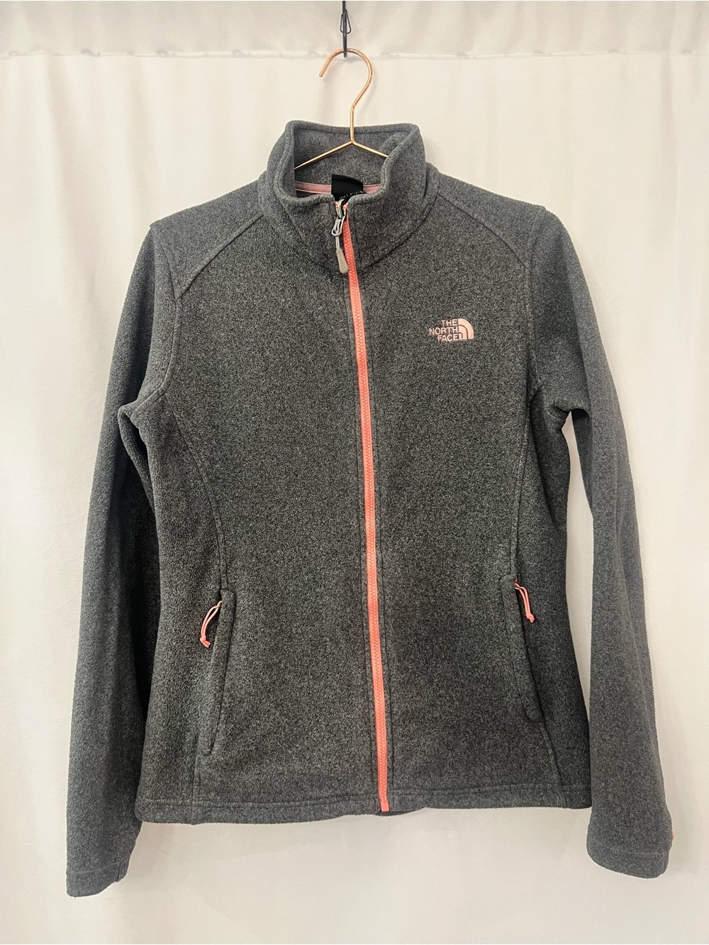 The North Face Women's Dark Gray Teddy Jacket with Light Pink Trim / Details